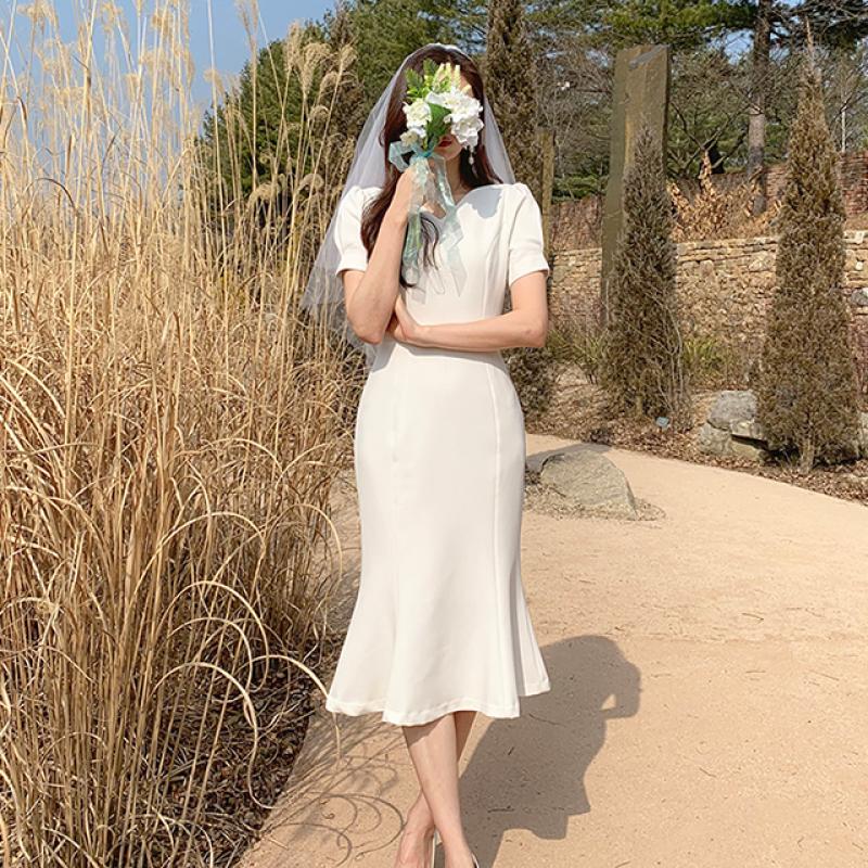 셀프웨딩 드레스 클레어 하트넥 머메이드 퍼프 브라이덜샤워 피로연 파티 스냅 돌잔치 원피스