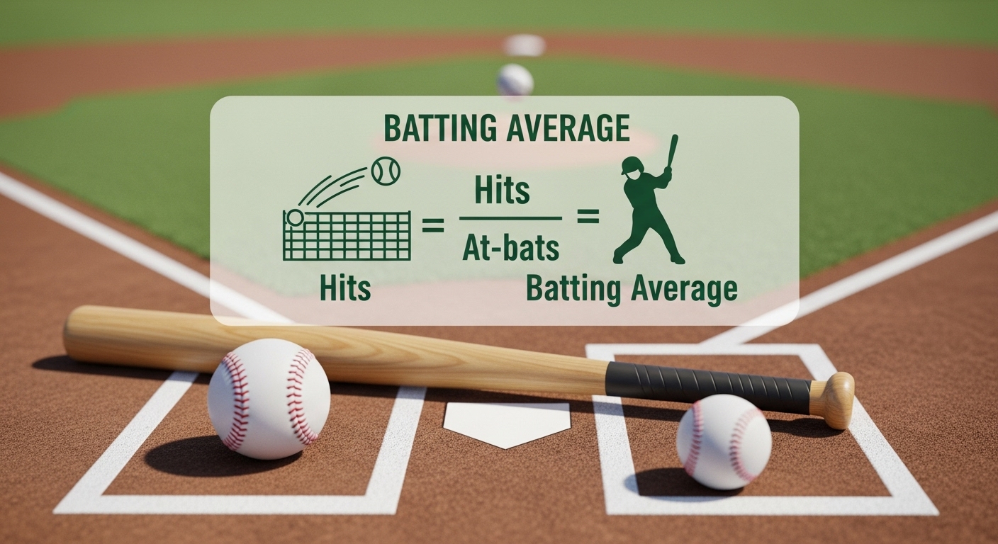 타율 계산 공식을 보여주는 야구장 배경의 인포그래픽 이미지