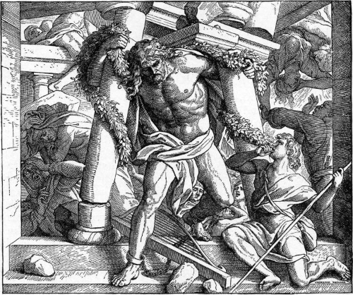 블레셋 신전의 두 기둥을 안고 무너뜨리는 삼손