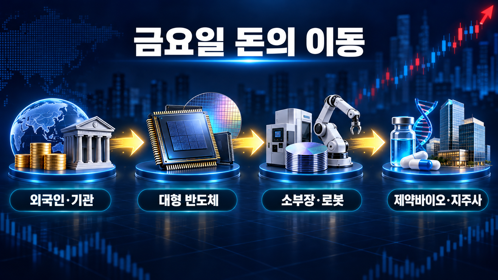 금요일 돈의 이동
외국인&middot;기관 &rarr; 대형 반도체 &rarr; 소부장&middot;로봇 &rarr; 제약바이오&middot;지주사