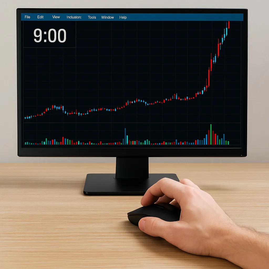 오전 9시 정각&amp;#44; 공모주 주가 급등 차트를 보며 마우스를 클릭하는 손