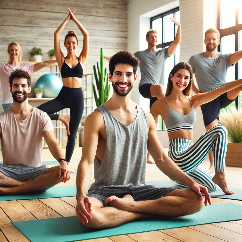 즐겁게 명상하거나 스트레칭 하는 사람들