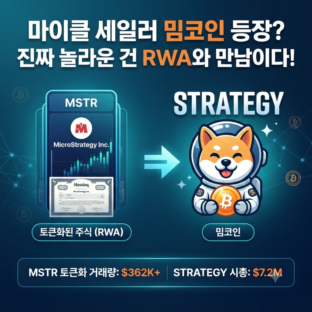 마이크·세일러의 이름에서 착안한 STRATEGY 밈코인과 토큰화된 MSTR 주식(RWA)의 결합을 다룬 블로그 포스팅 썸네일 이미지입니다. 이미지 상단에는 '마이클 세일러 밈코인 등장? 진짜 놀라운 건 RWA와 만남이다!'라는 문구가 적혀 있으며, 좌측에는 나스닥 상장 주식 MSTR을 뜻하는 토큰화 주식(RWA) 아이콘과 우측에는 비트코인 코인을 든 우주복 입은 시바견 형태의 밈코인 캐릭터가 화살표로 연결되어 있습니다. 하단에는 'MSTR 토큰화 거래량: $362K+', 'STRATEGY 시총: $7.2M'의 핵심 지표 데이터가 포함되어 있습니다.