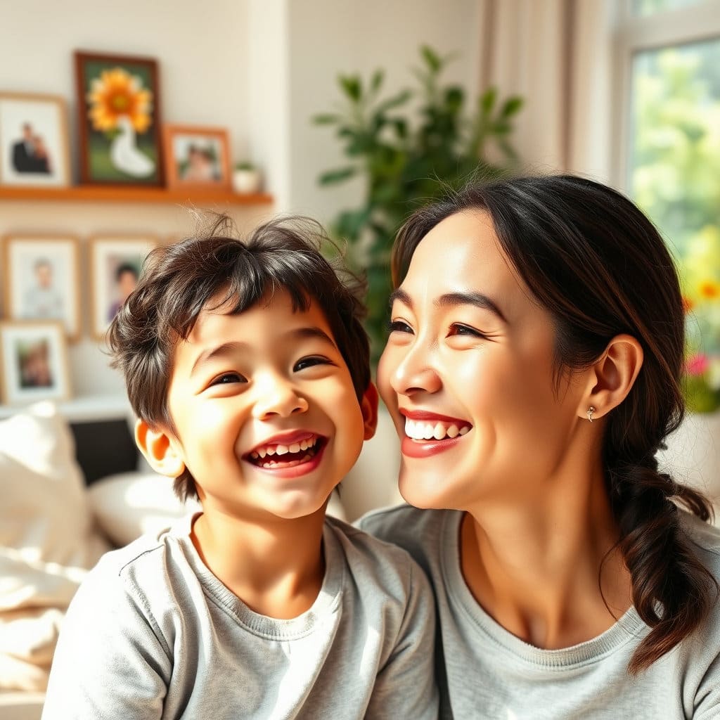 부모와 아이가 함께 환하게 웃고 있는 따뜻한 분위기의 이미지를 떠올려 보세요. 실내나 자연 배경 모두 좋으며, 아이의 행복한 표정이 강조되면 좋습니다.