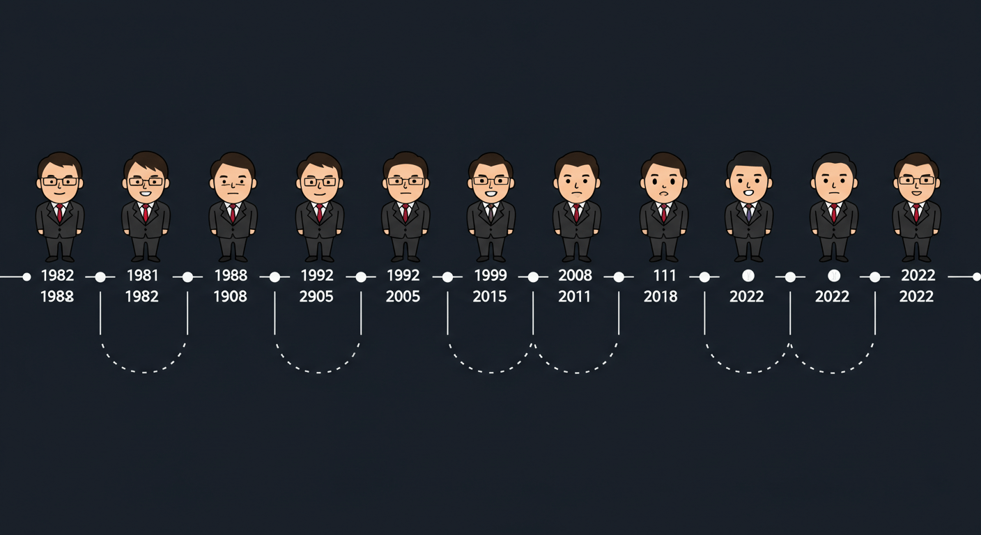 역대 KBO 총재들이 연도별(1982&amp;#44; 1988&amp;#44; 1992&amp;#44; 1998&amp;#44; 2005&amp;#44; 2011&amp;#44; 2018&amp;#44; 2022)로 교체된 흐름을 타임라인으로 표현한 애니메이션 이미지 1