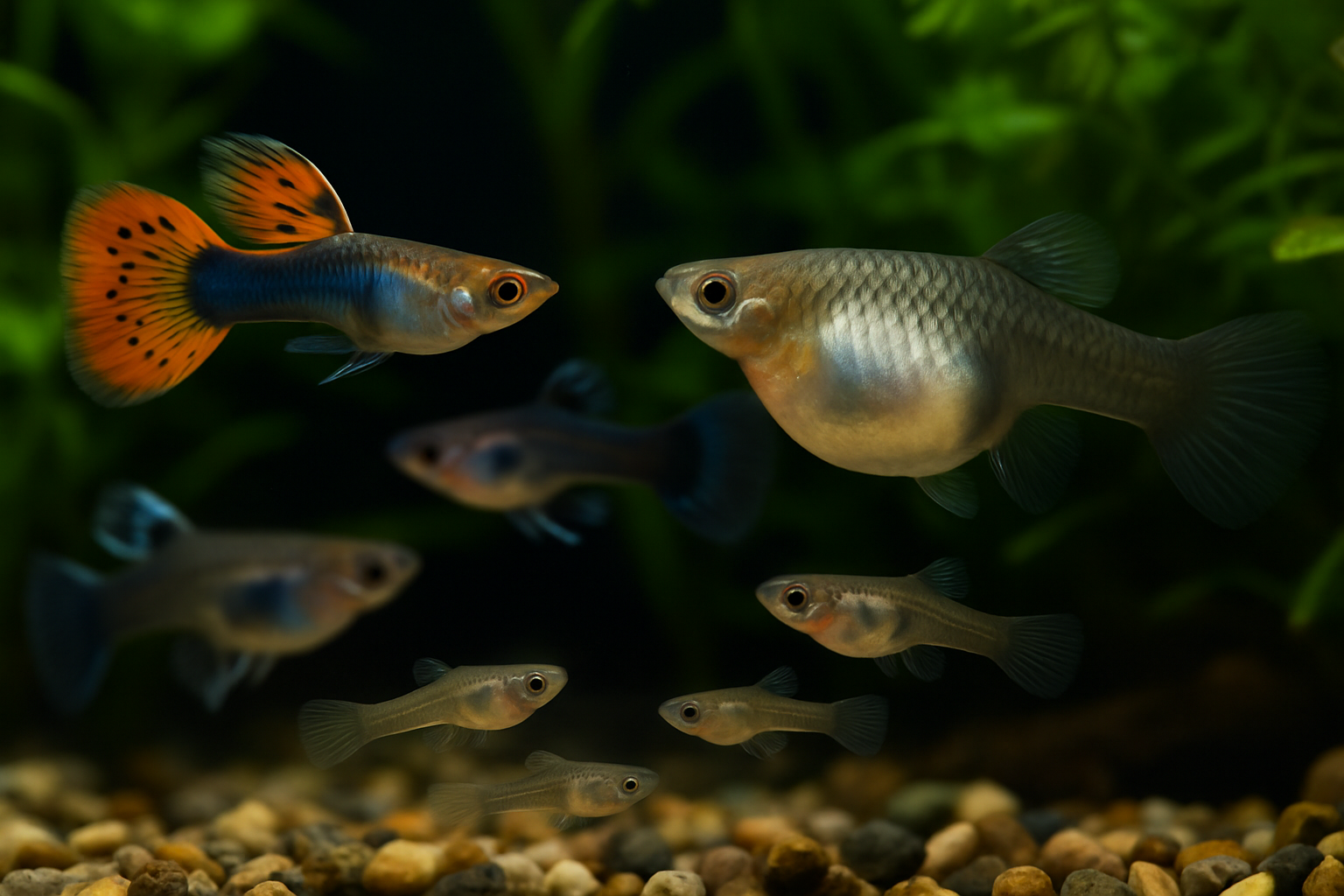 수초가 풍성한 수조 안에서 임신한 암컷 구피와 화려한 수컷 구피, 그리고 여러 마리의 치어가 함께 헤엄치는 생생한 모습의 수중 사진