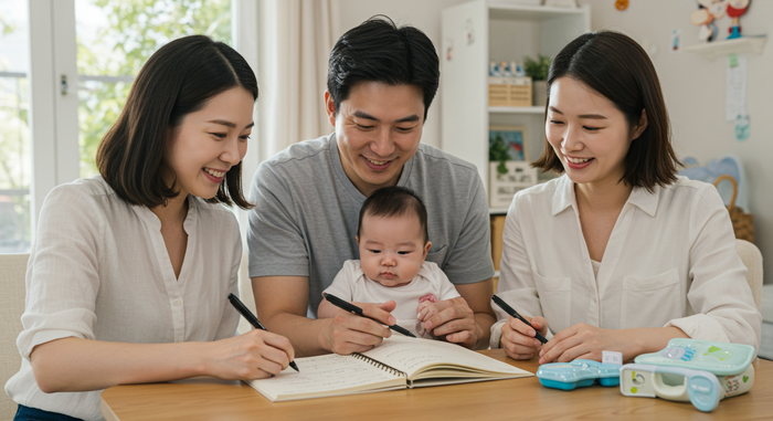 가족이 수유 기록하는 장면
