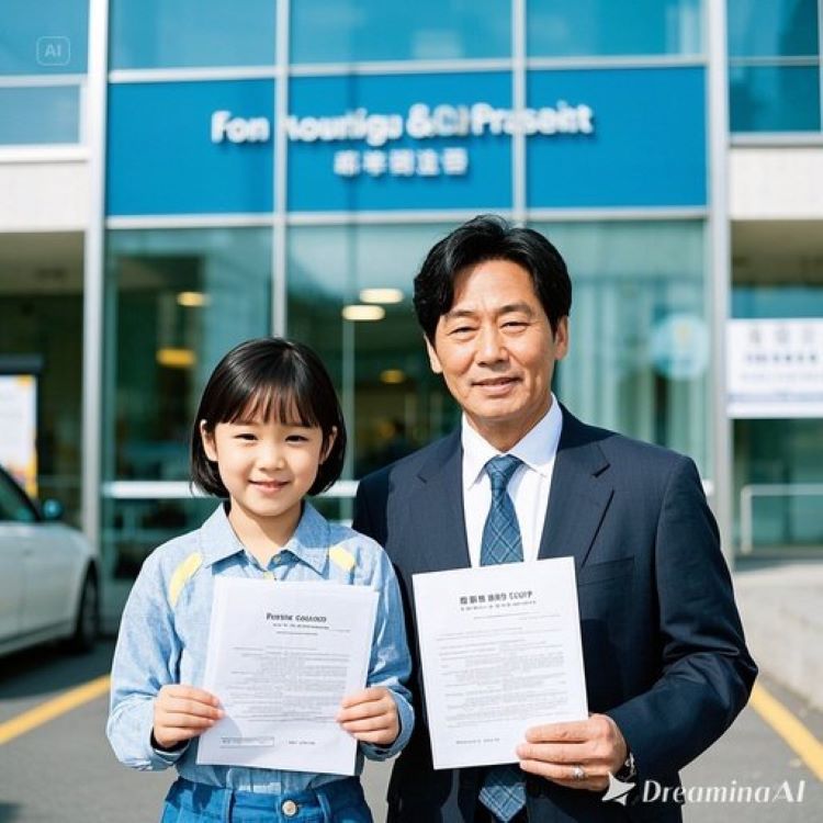 가정법원 배경에 양육비 이행명령 신청서와 법봉, 한부모 가정의 따뜻한 가족 사진. 파란색과 노란색 톤으로 희망과 신뢰 강조.