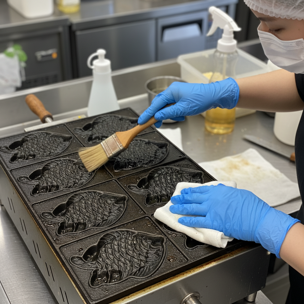 위생 관리를 위해 부드러운 솔과 기름 묻은 천으로 붕어빵 기계를 청소하는 장면