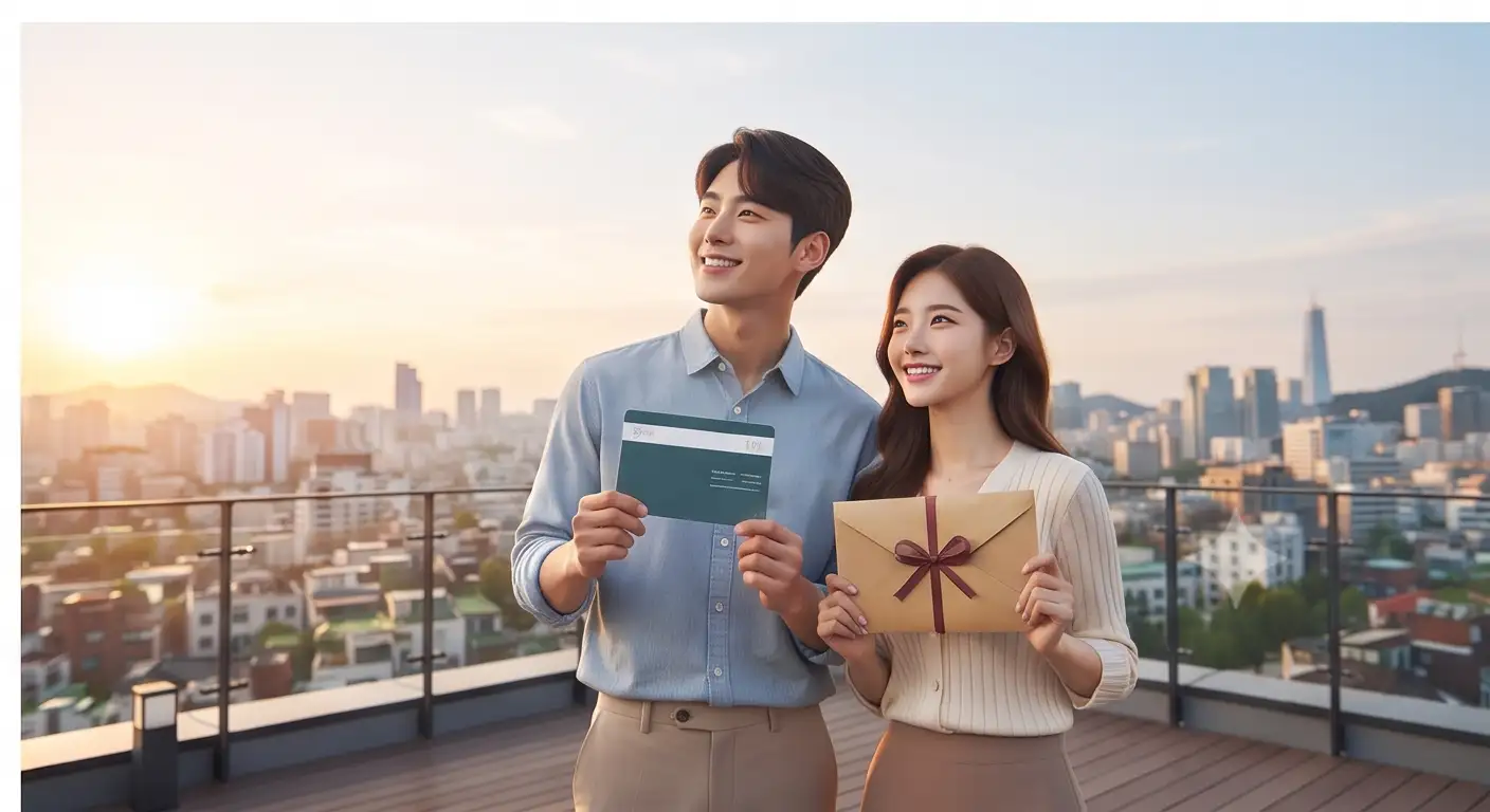 도심 빌딩이 보이는 루프탑에서 통장과 선물 봉투를 들고 나란히 서서 희망찬 표정으로 멀리 바라보는 남녀