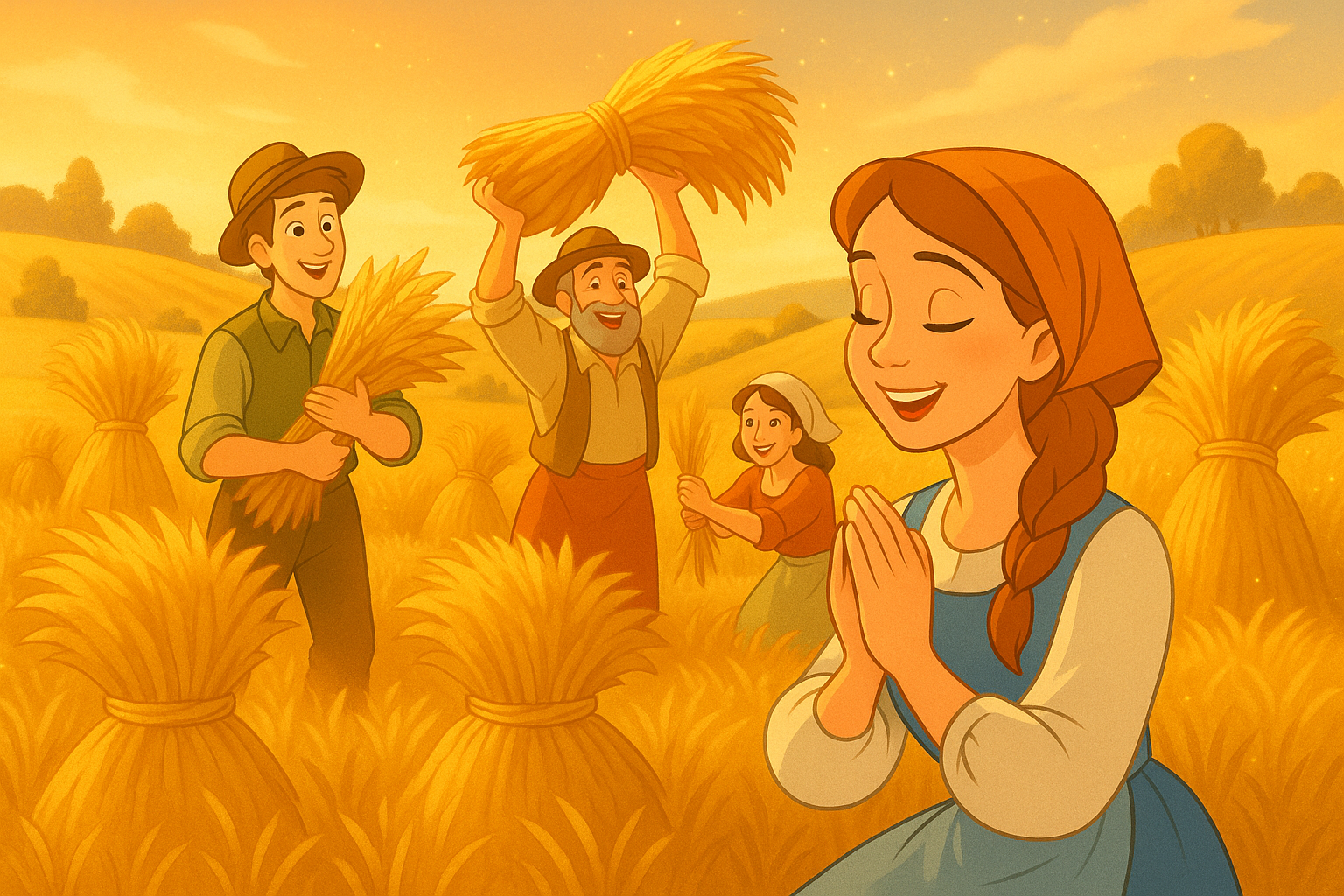 “넓은 가을 들판에 곡식단이 풍성히 쌓여 있으며, 사람들이 함께 즐겁게 추수하며 하나님께 감사하는 모습을 담은 그림. 따뜻한 빛이 곡식 위로 비치며 은혜와 기쁨이 가득한 장면”