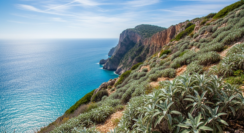 절벽 위 세이지 정원과 푸른 바다가 어우러진 풍경