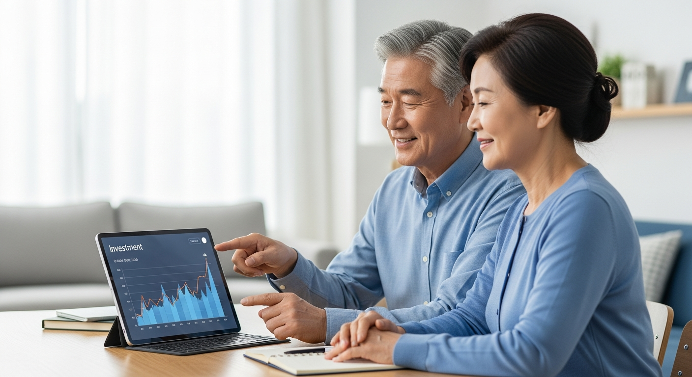 밝은 거실에서 태블릿PC의 안정적인 투자 성장 그래프를 보며 미소 짓는 60대 한국인 노부부