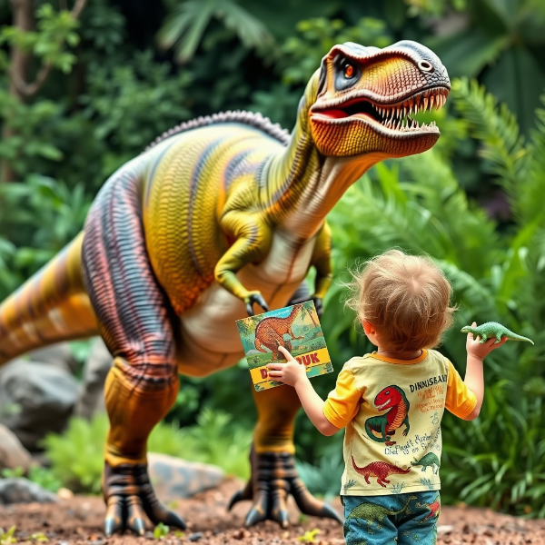 위풍당당하게 서 있는 티라노사우루스 복원도 + 옆에 공룡 책이나 장난감을 들고 신나 하는 아이 뒷모습 사진