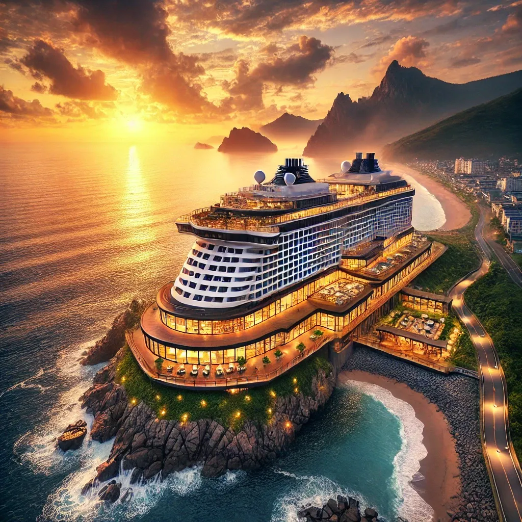 크루즈 모양의 독특한 외관과 해돋이 풍경.