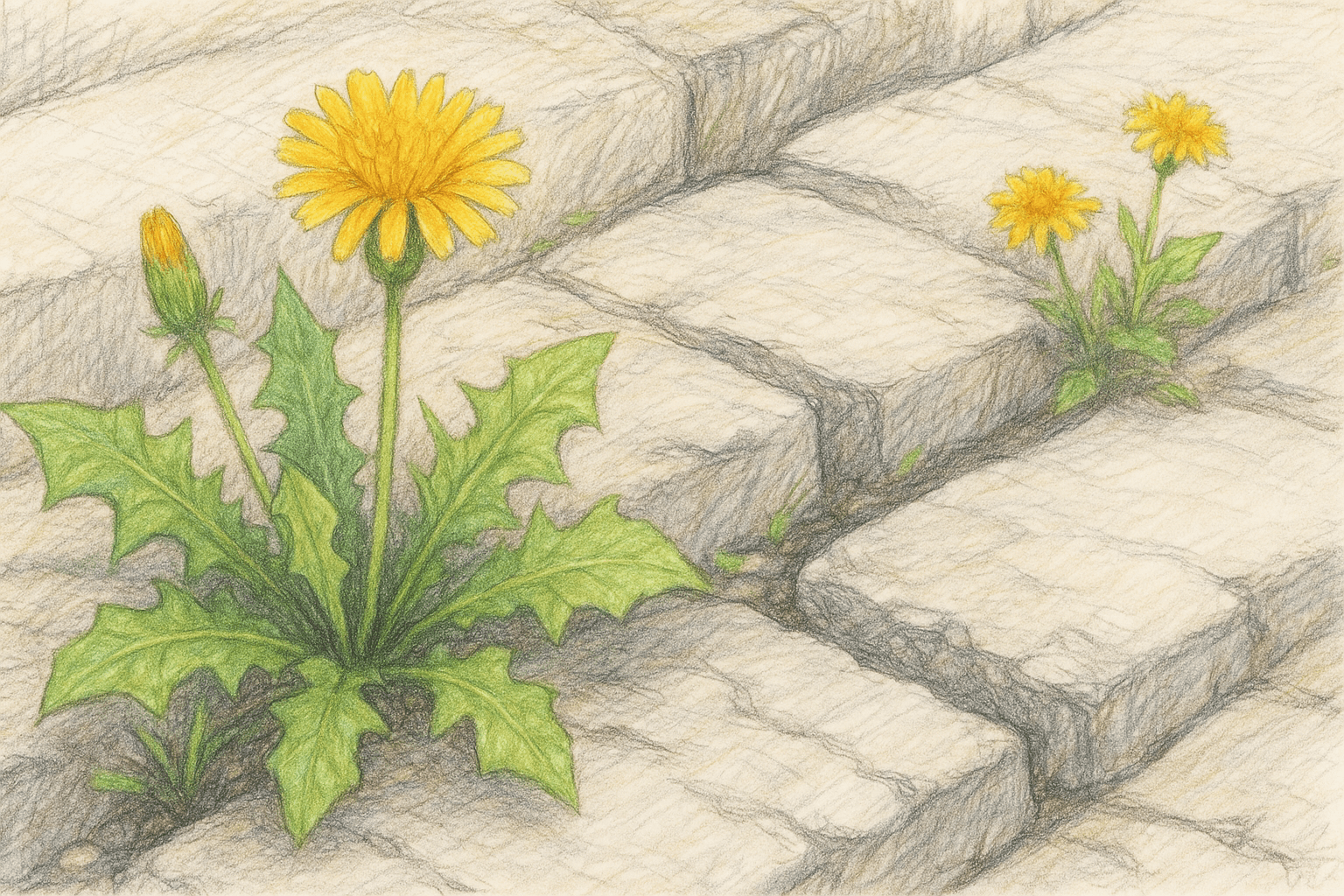 돌 틈 사이에 핀 민들레꽃들