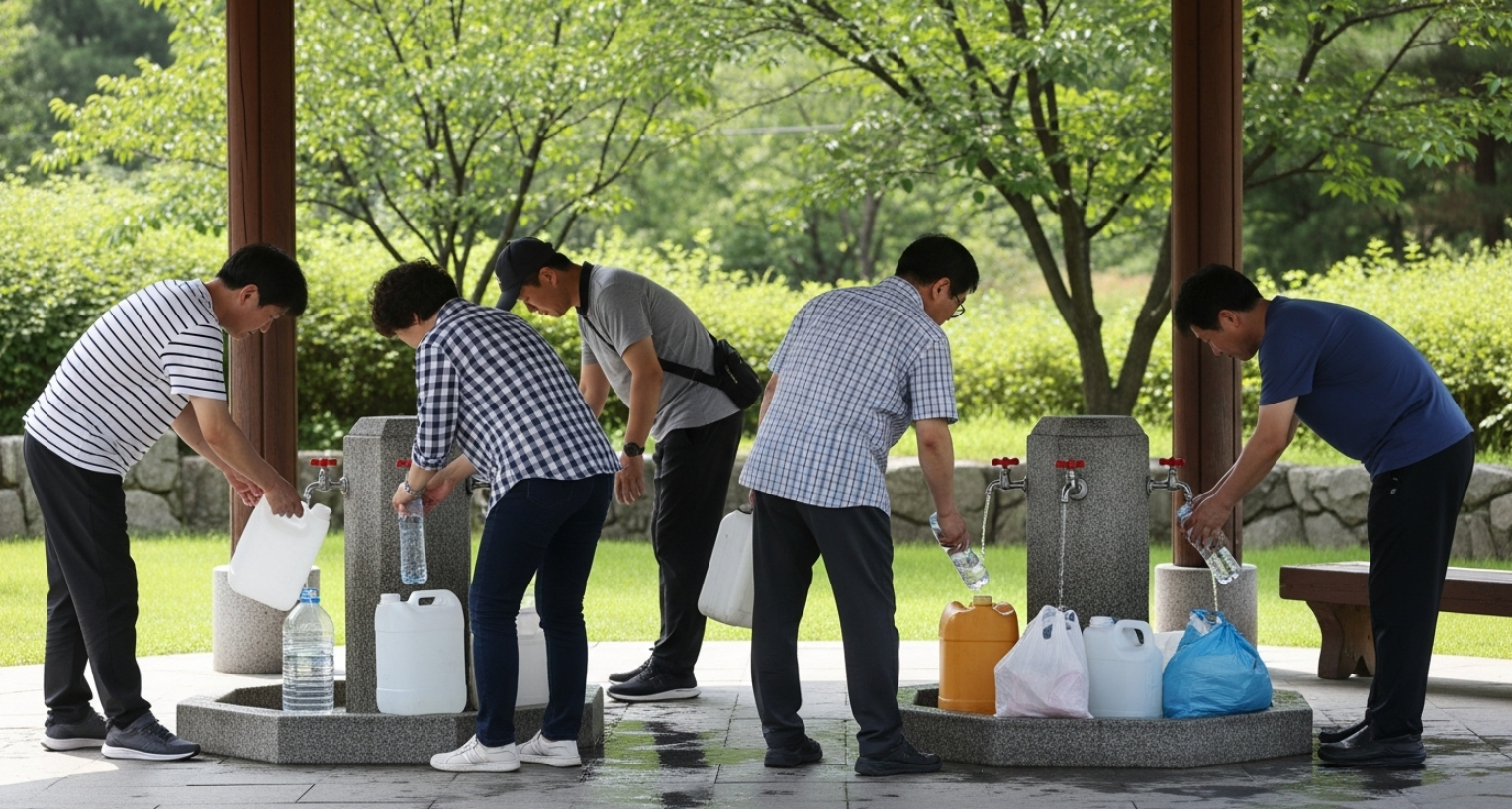 강릉시민들의 공공 급수대에서 물을 받는 사진