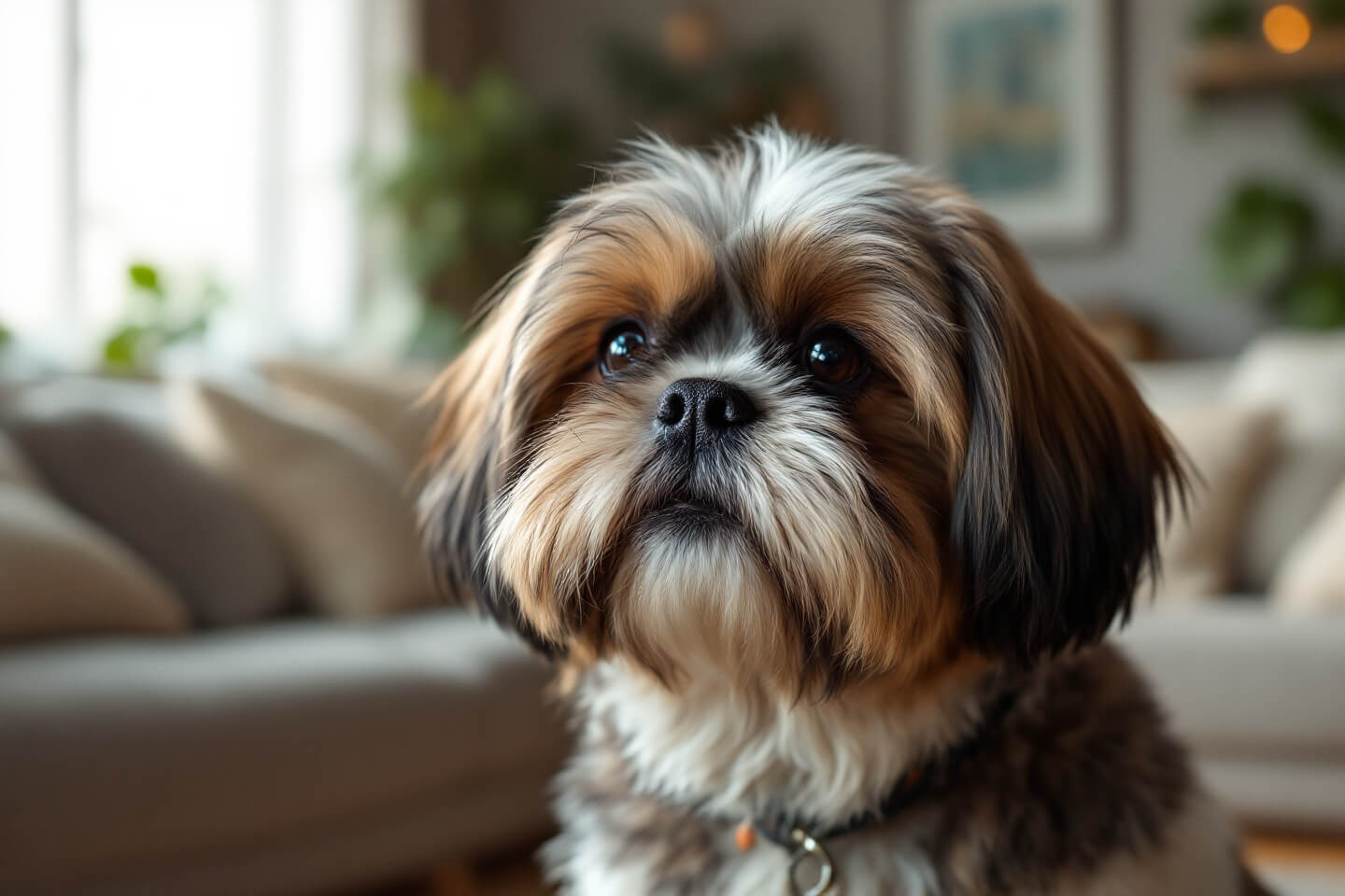 shih tzu with long face hair in apartment living room