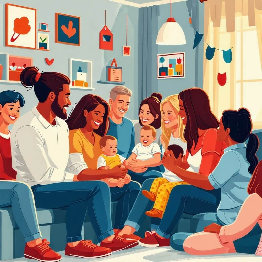 육아 지원을 받은 부모들의 인터뷰 장면. 부모들이 자신의 경험을 나누는 모습과 함께 그들의 행복한 표정을 담아.