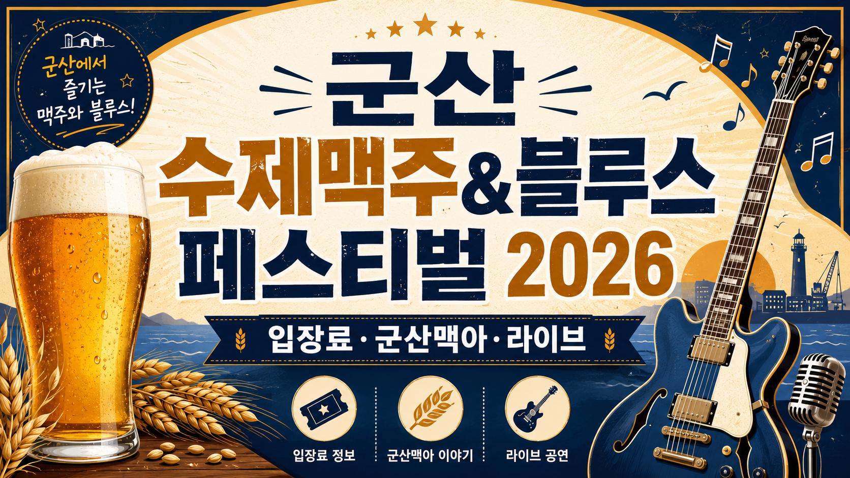 군산 수제맥주&블루스 페스티벌 2026 여행 블로그 썸네일로, 따뜻한 앰버·남색·크림 색상 배경에 맥주잔, 블루스 기타, 군산맥아 보리, 항구 도시 분위기 요소를 배치하고 입장료·군산맥아·라이브 정보를 담은 정보형 이미지