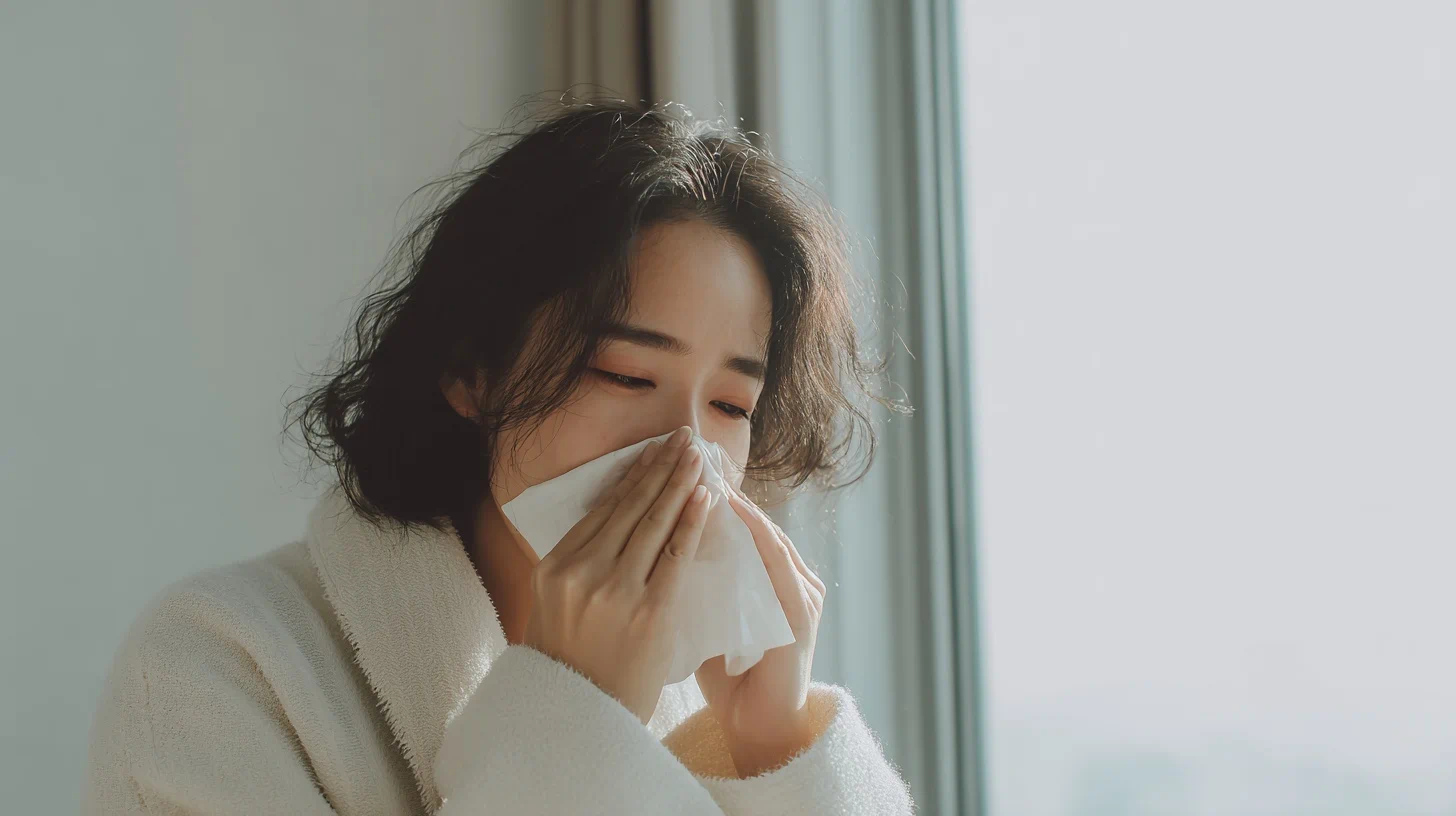 알레르기 비염 증상으로 코를 닦는 사람 이미지