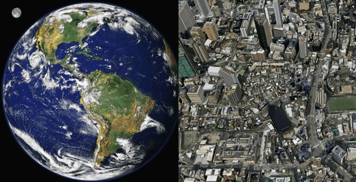 왼쪽 지구사진, 오른쪽 구글어스 스카이뷰 사진