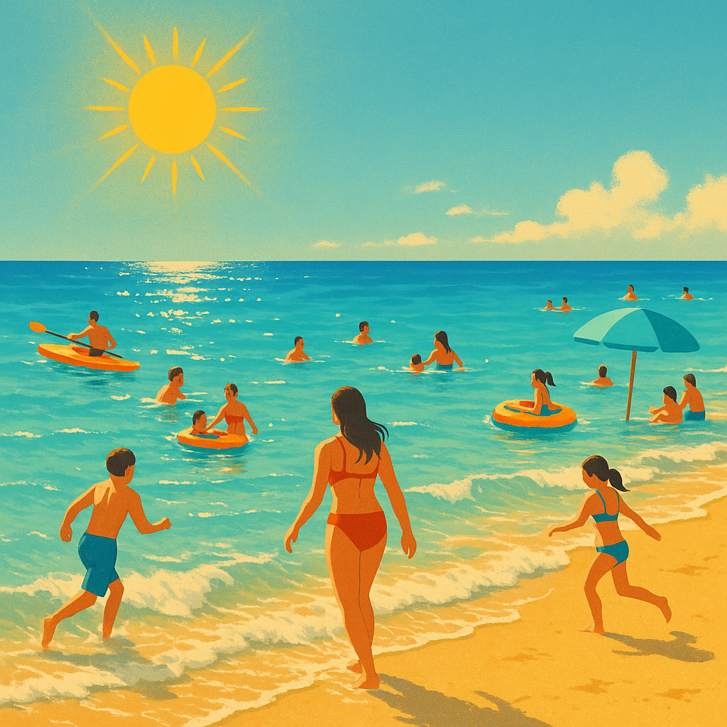 햇빛이 강하게 내리쬐는 여름 해변에서 피서객들이 물놀이를 즐기고 있는 장면, 파란 바다와 노란 햇살이 인상적인 풍경