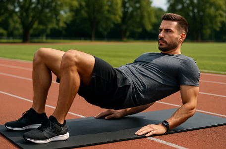 실내 또는 트랙 옆에서 플랭크 또는 힙브릿지를 하는 중급 러너 사진