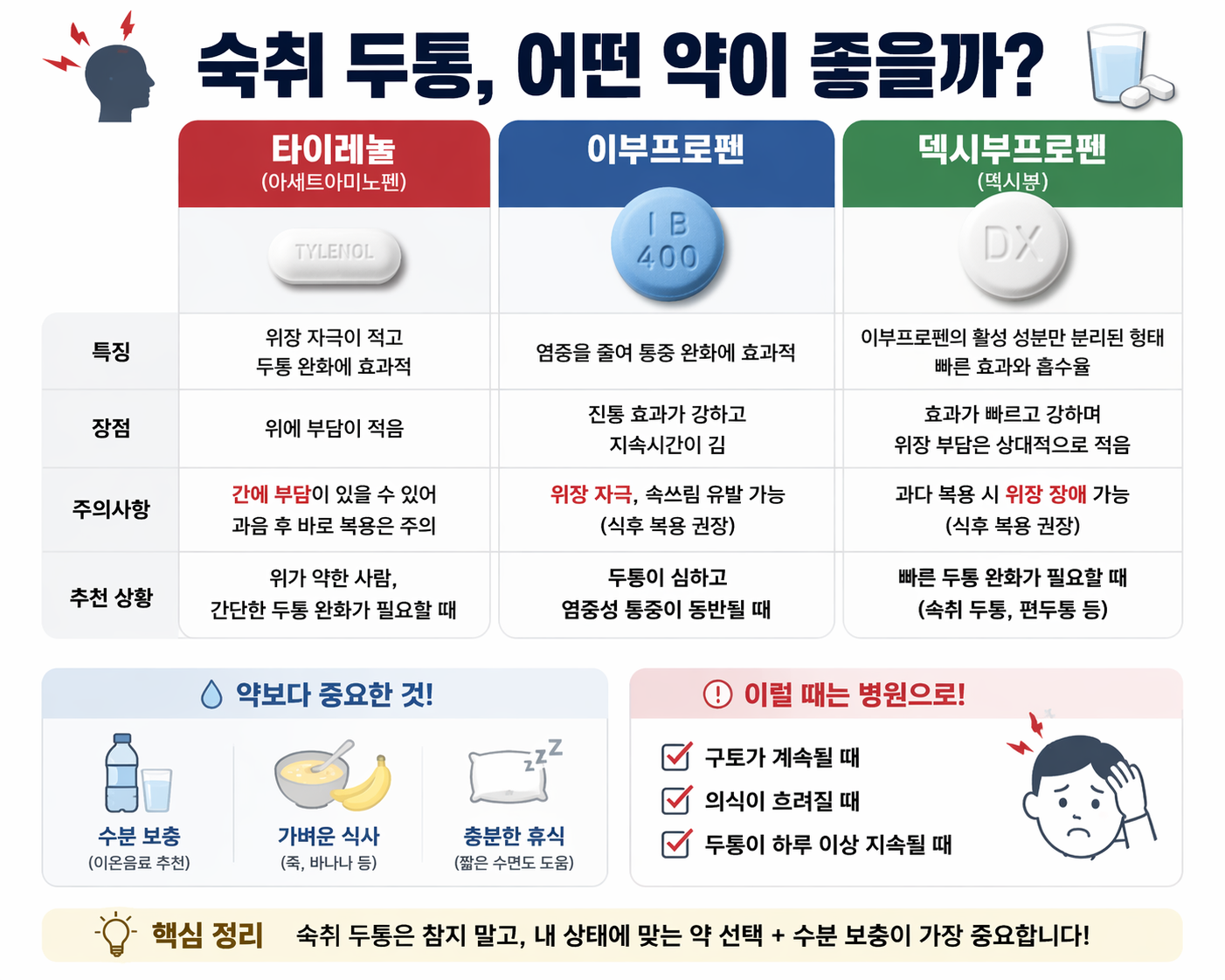 숙취 두통 약 비교 타이레놀 이부프로펜 덱시부프로펜 효과 차이 정리