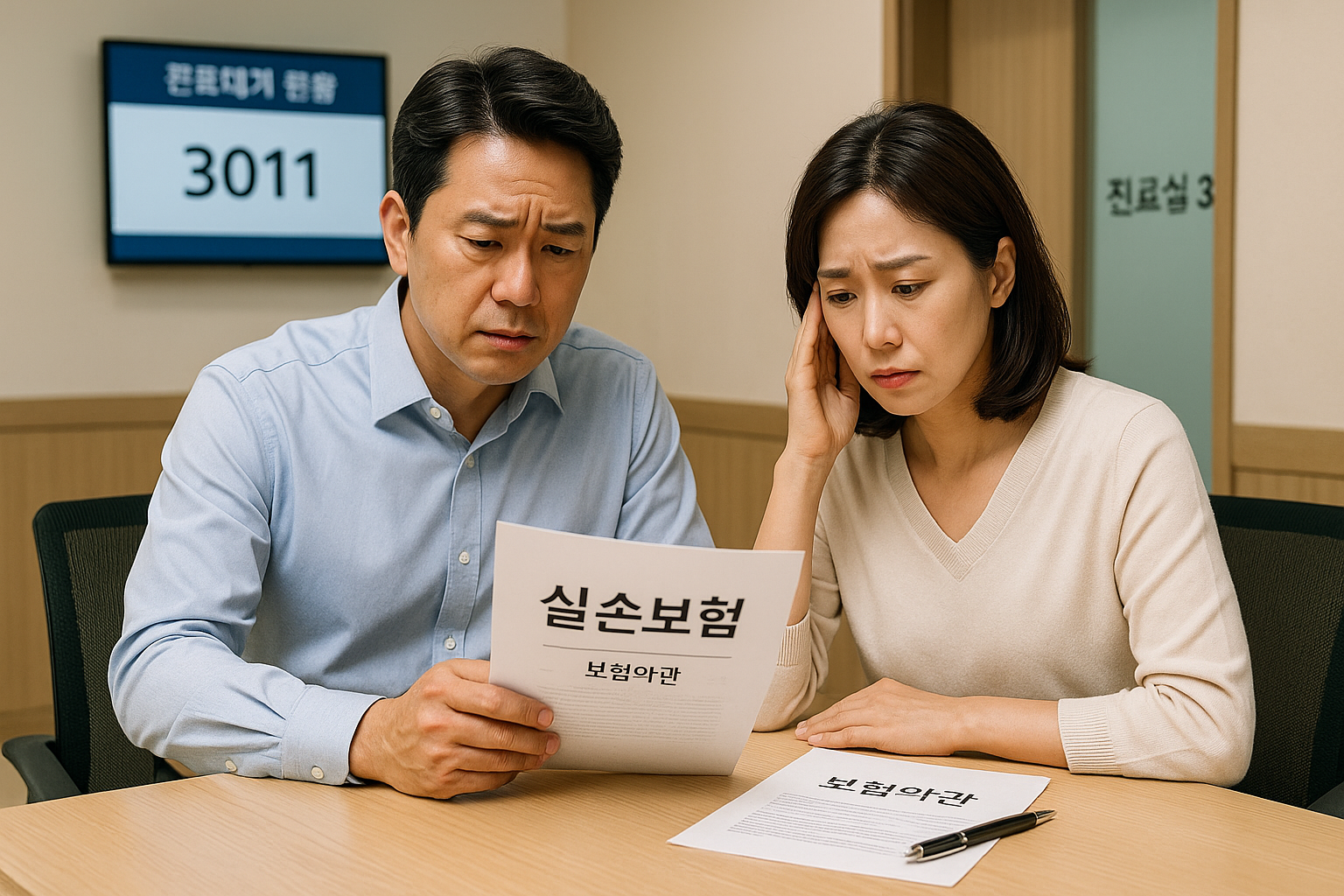 병원에서 실손보험을 확인하는 부부의 걱정스러운 모습