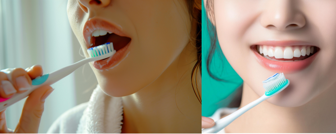 양치질을 하는 여성의 모습과 환한 미소로 칫솔을 드는 여성 - 올바른 구강 관리 습관을 보여주는 이미지