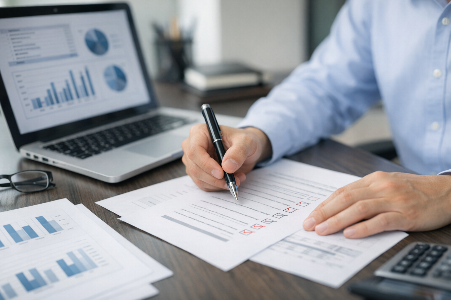 기업 감사 담당자가 운영 문서를 확인하는 모습