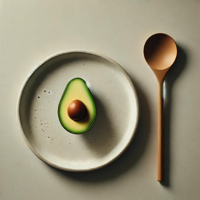 접시에 놓인 반으로 자른 아보카도와 숟가락이 포함된 이미지.