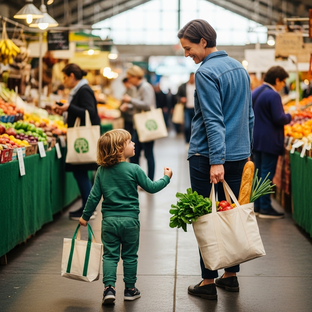 아이와 함께 에코백을 들고 장을 보는 장면