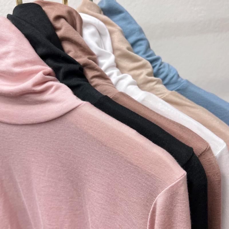 여성 목티 텐셀목폴라 얇은 이너 폴라티 시스루 티셔츠 핑크 흰색 검정