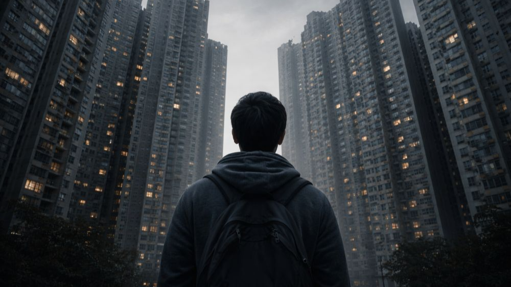 후드티와 가방을 멘 한 남성이 등 뒤에서 보이며, 앞쪽으로 towering한 고층 아파트들이 위로 높게 솟아 있는 장면