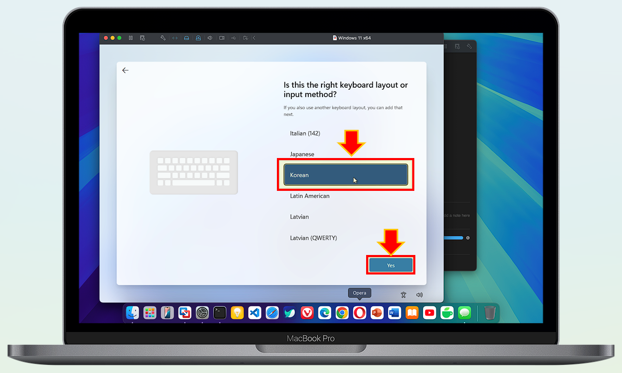 키보드 언어를 Korea로 선택 후 "Yes" 버튼을 선택하세요.