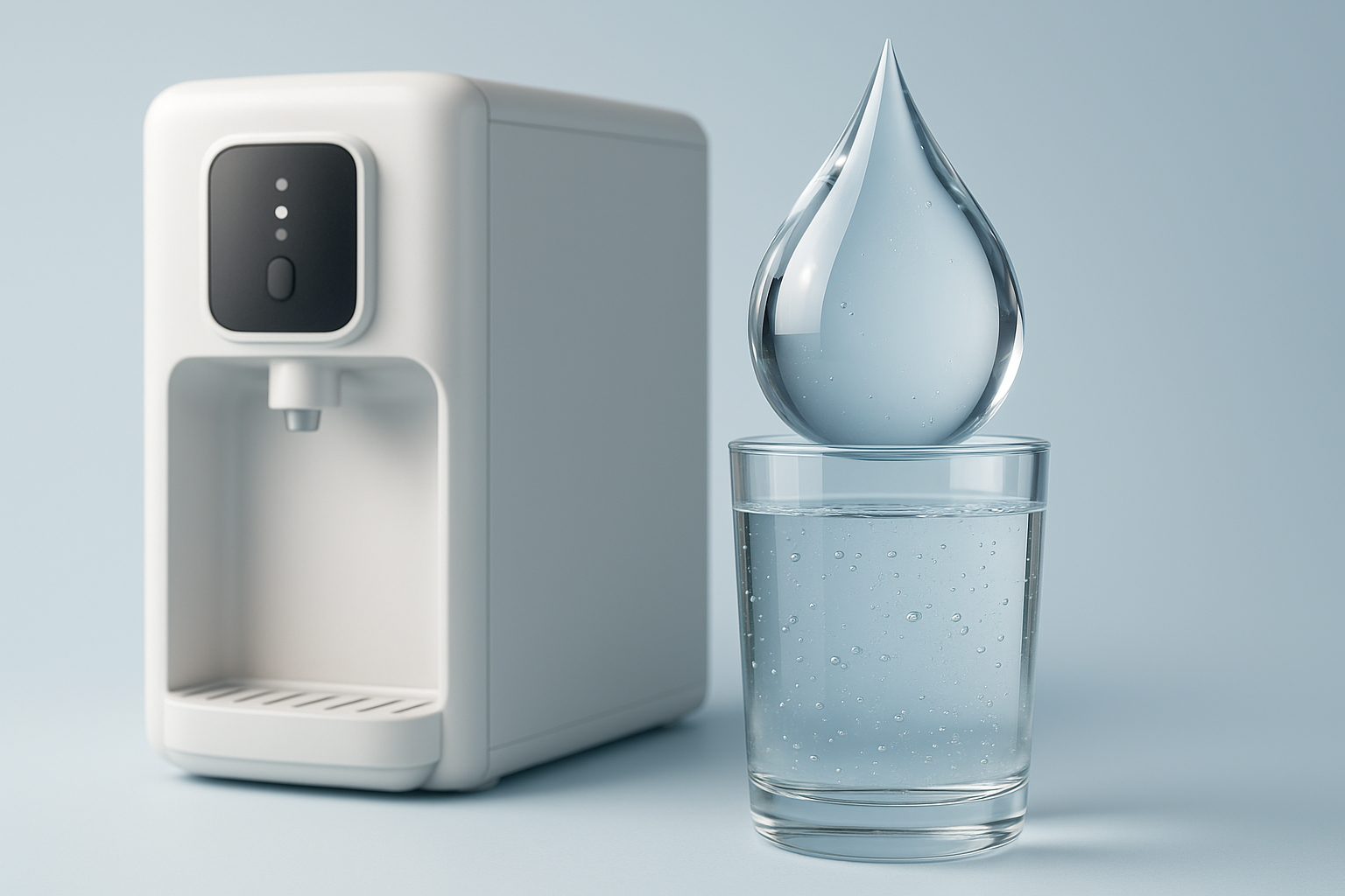 정수기, 물방울, 컵에 담긴 물을 표현한 그림