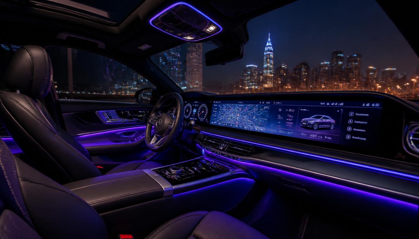 A stunning digital view of a luxury car's interior with a seamless wide-screen dashboard at night, featuring ambient lighting.