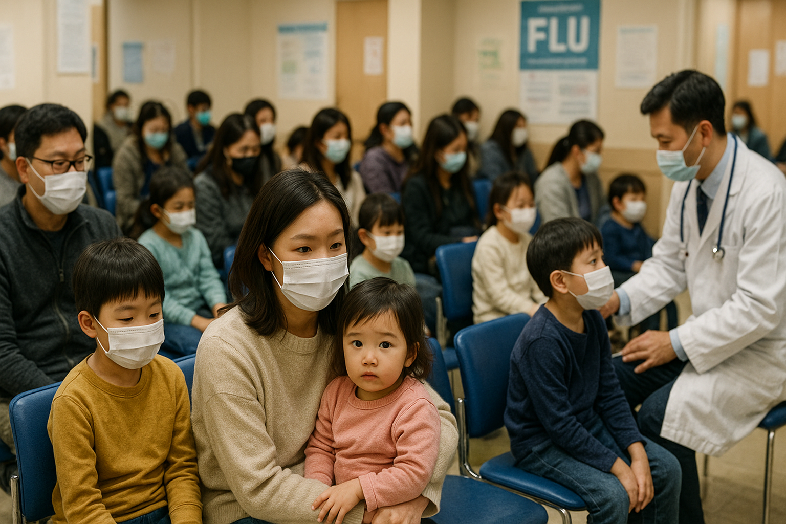 독감 환자들로 붐비는 소아청소년과 대기실 – 마스크를 쓴 아이들과 보호자들 모습