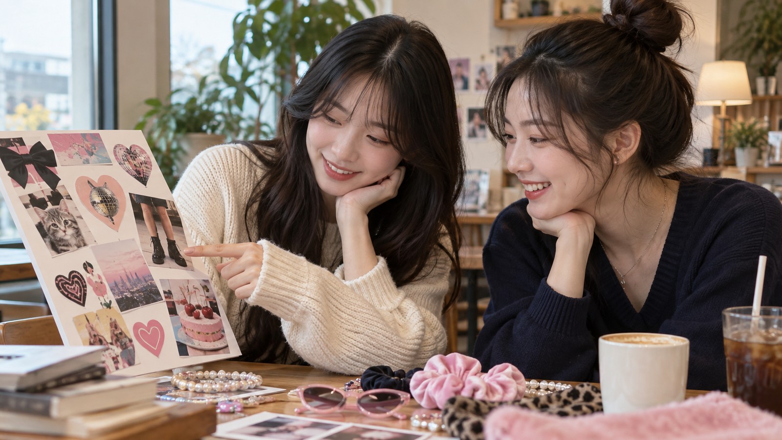 두 사람이 디자인 무드보드를 보며 의견을 나누는 모습