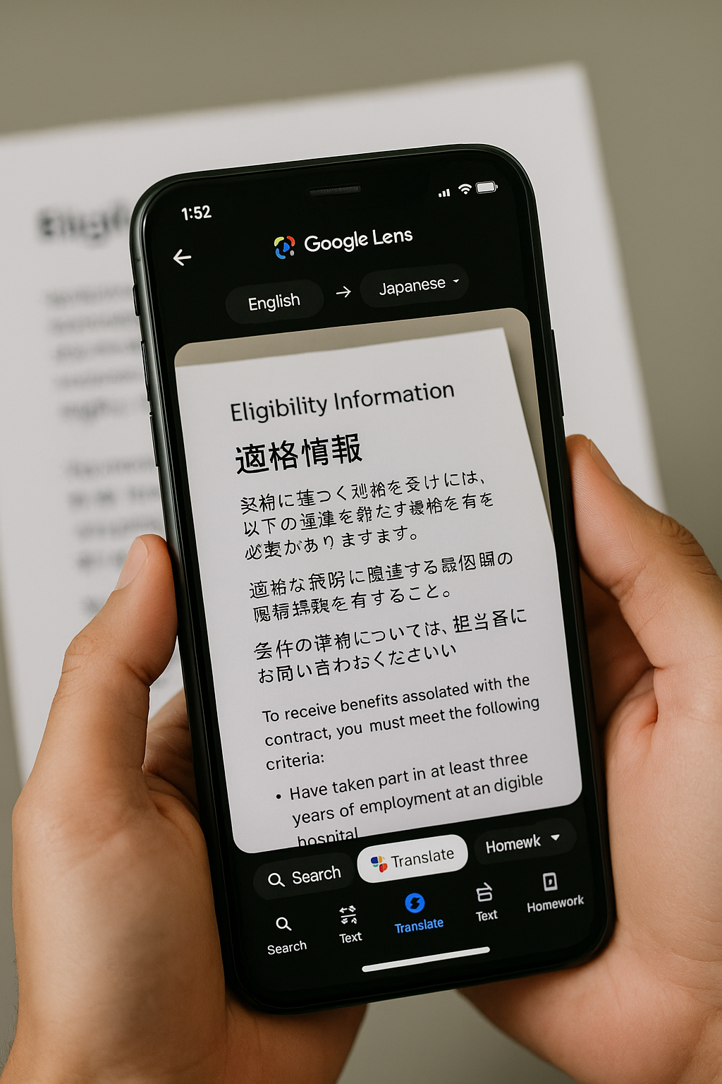 구글 렌즈로 문서 번역하는 장면