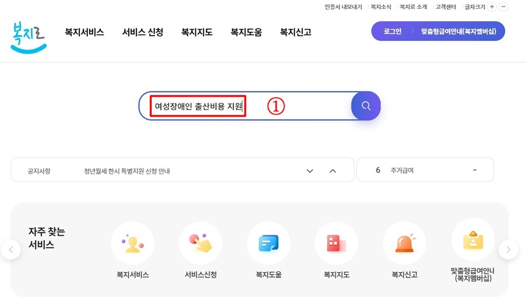 복지로 사이트에서 1번 "여성장애인 출산비용 지원" 검색하기 화면캡쳐 사진