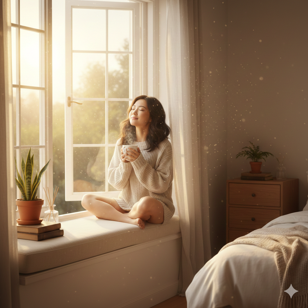 창문을 열어 환기된 집에서 신선한 공기를 마시는 실내환경