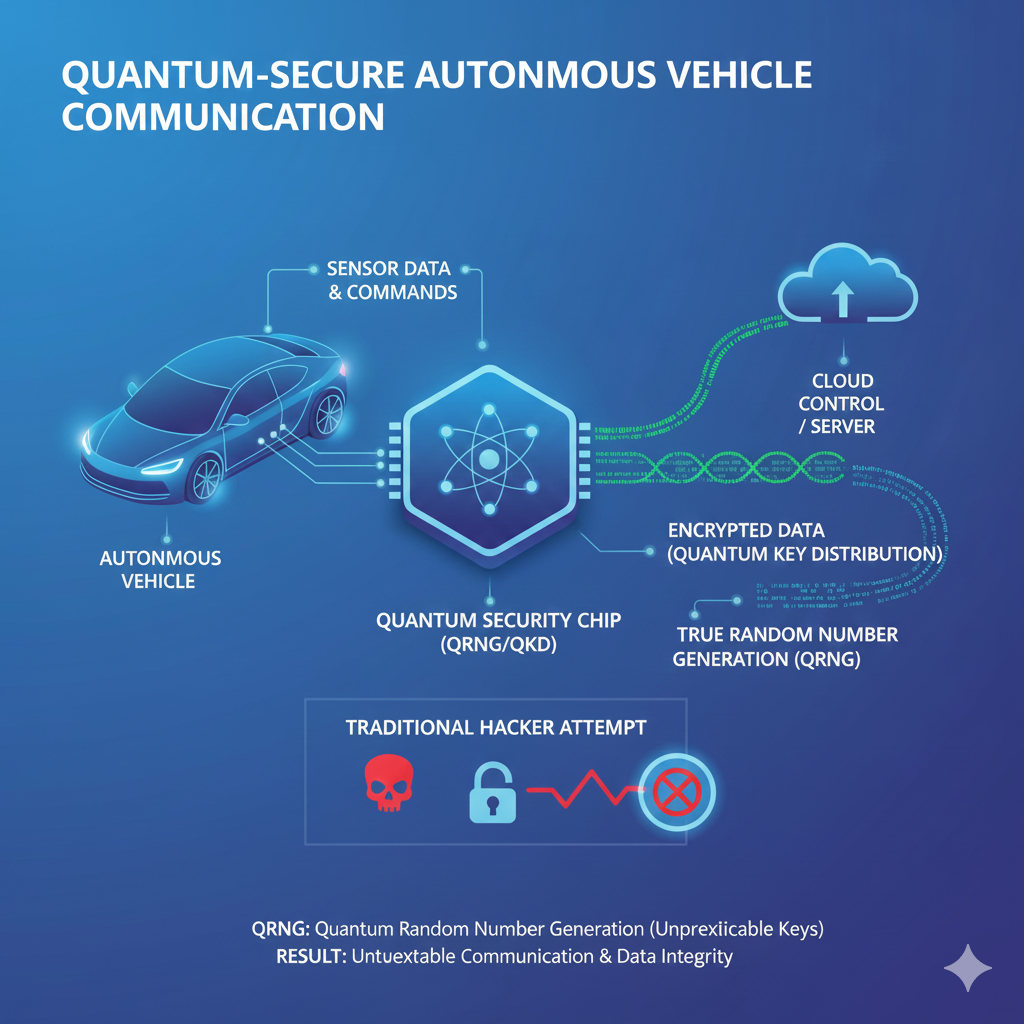 자율주행 차량과 양자 보안 칩이 데이터를 주고받는 보안 프로세스 모식도