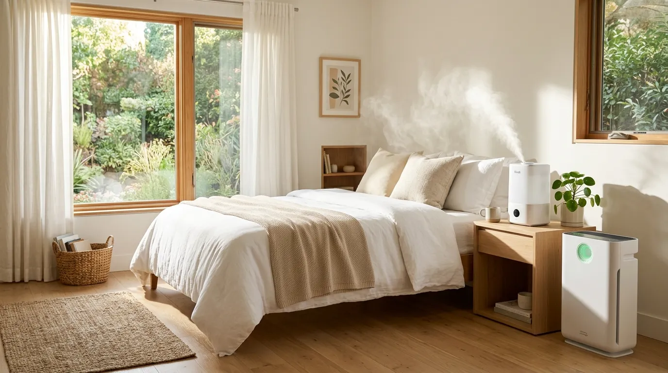 밝은 침실에서 가습기가 작동하고 공기청정기가 함께 놓인 모습