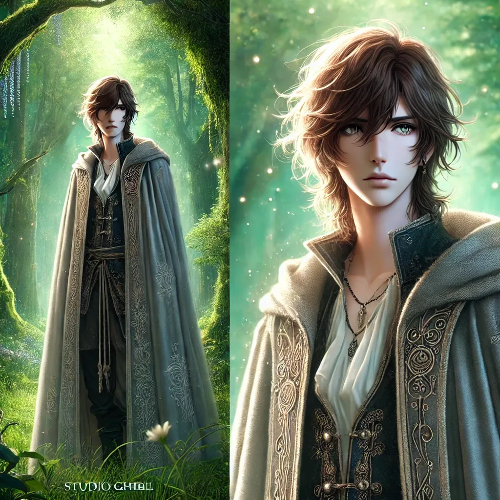 신비로운 분위기의 판타지 남성 캐릭터가 포함된 지브리 스타일의 배경 이미지