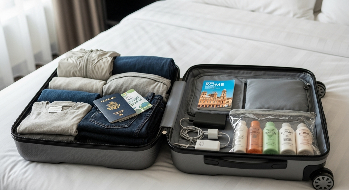 깔끔하게 정리된 여행 가방 안에 만능 어댑터, 보조배터리 등 해외여행 필수품이 들어있는 모습.