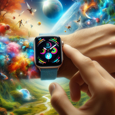 은하와 별들이 배경인 스마트워치 착용 장면