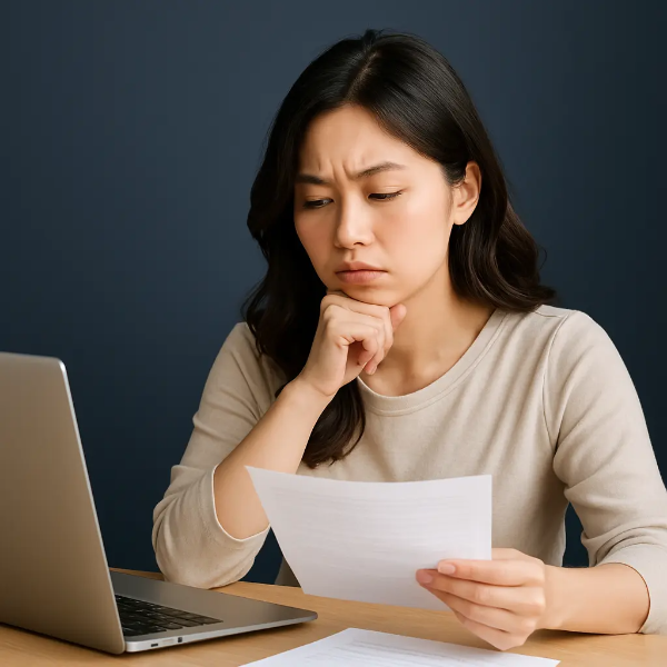 정부 지원 서류를 보며 고민하는 표정의 한국인 프리랜서 여성, 네이비 배경과 노트북, 서류가 놓인 책상